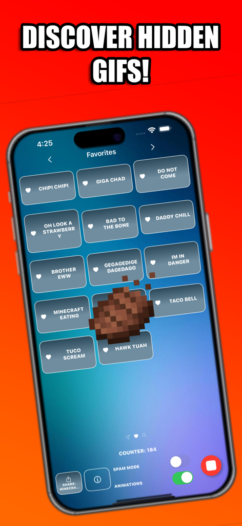 MEME Soundboard Ultimate 2026 - A screenshot of the MEME Soundboard Ultimate 2026 app showing a favorites list of viral meme sounds and a hidden Minecraft steak animation.