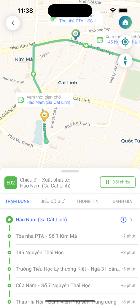 VinBus app interface displaying a bus route map and a list of upcoming bus stops with estimated arrival times