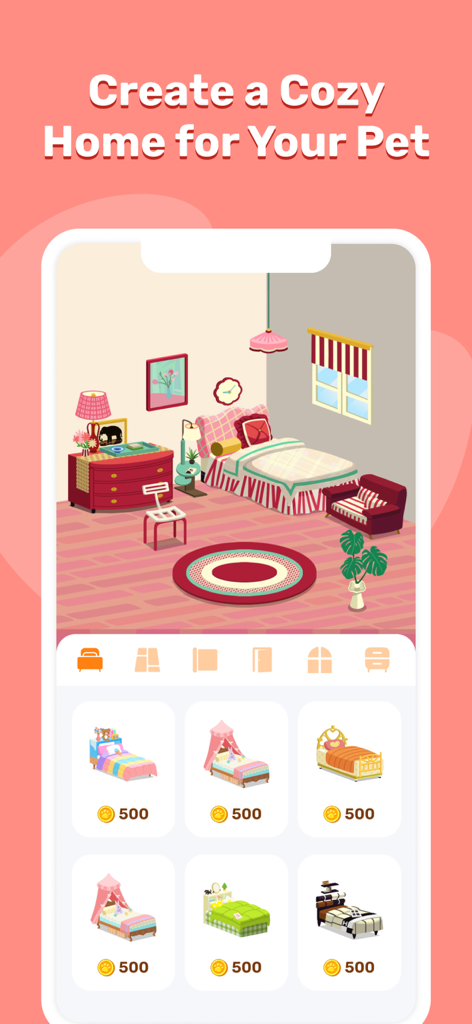 EaseMe:Self Care Pet Cat - Mobile screen showing a virtual room decoration feature with furniture shop options for a pet cat.