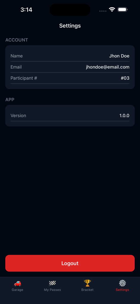 Dominican Roll Race - Settings screen of the Dominican Roll Race app displaying participant account details and a logout button.