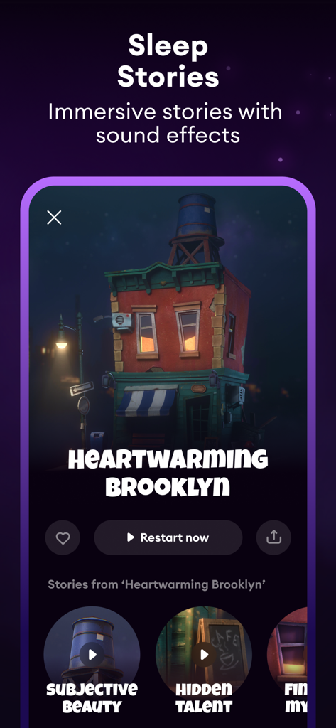 Loóna: Sleep, reduce anxiety - Loona app interface for immersive sleep stories featuring a 3D scene of Brooklyn