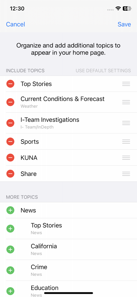 User interface for organizing and adding news topics to the KESQ app home page