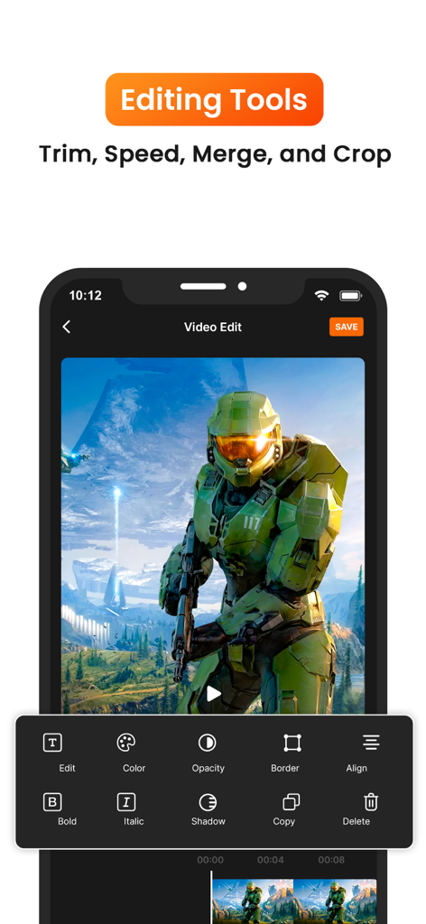 Screen Recorder & Recorder - Interfaz de aplicación de edición de video móvil que muestra herramientas de edición para metraje de juegos, incluyendo recorte y ajustes de color