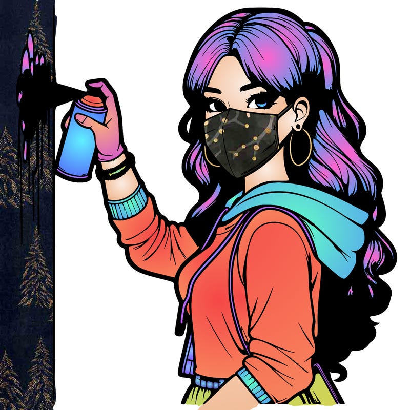 realistic girl with mask spray painting a wall