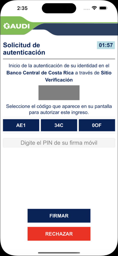 GAUDI Móvil - Écran de demande d'authentification Gaudi Movil avec sélection du code de signature numérique et bouton de signature