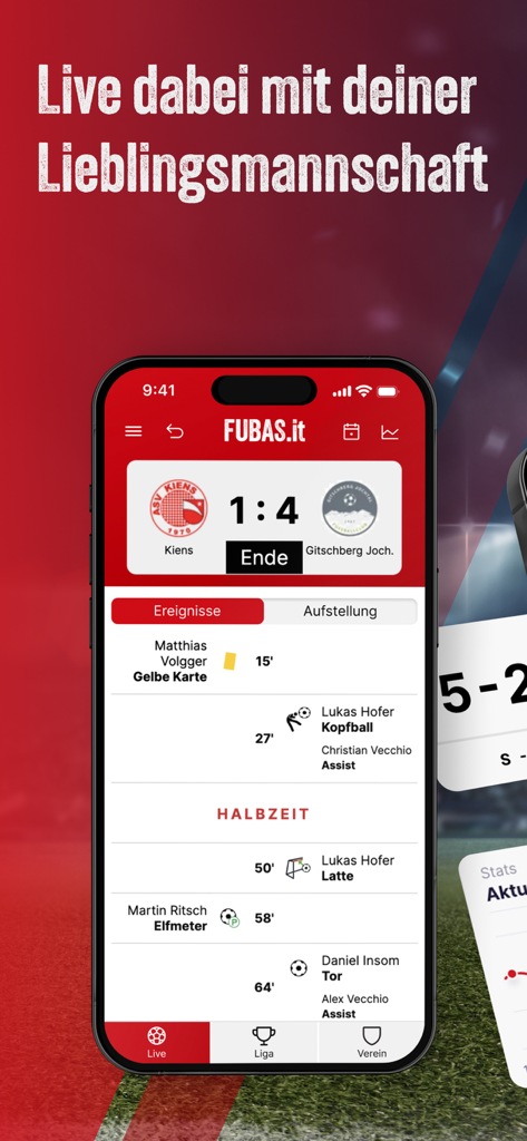 Fubas - Fubas app interface showing a soccer match score of 1 to 4 with a detailed timeline of goals and cards