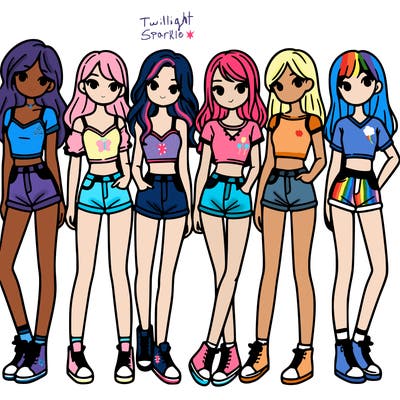 a group of girls wearing crop tops and shorts