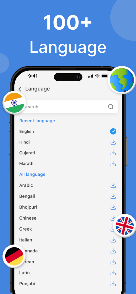 Translator - Voice & Camera - Una pantalla de teléfono inteligente que muestra una lista de más de 100 idiomas admitidos en la interfaz de una aplicación de traducción
