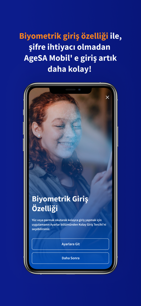 AgeSA Mobil - 한 여성이 AgeSA Mobil 앱 인터페이스에서 얼굴 인식 생체 인식 로그인을 사용하고 있음