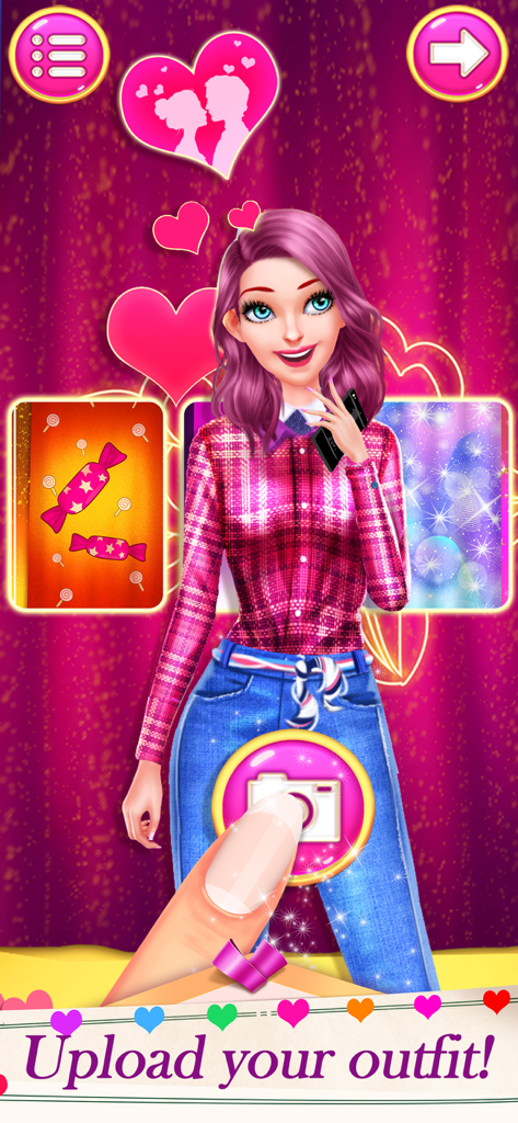 Makeup Games Girl Game for Fun - Uma personagem de cabelo rosa com camisa xadrez e jeans com opção de fazer upload do seu traje no jogo de maquiagem