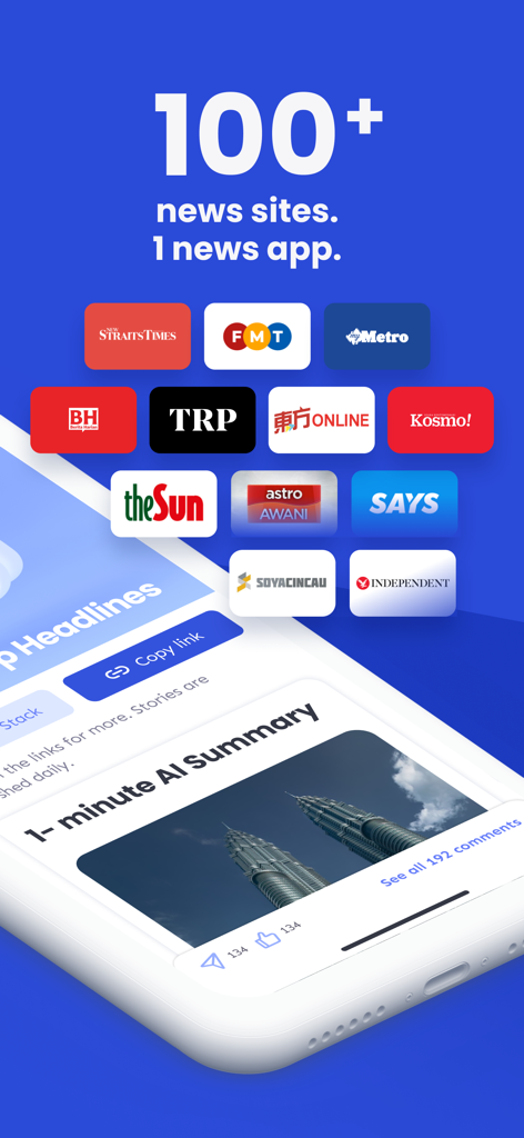 Lumi News app screen showing logos of multiple Malaysian news sources and an AI news summary feature