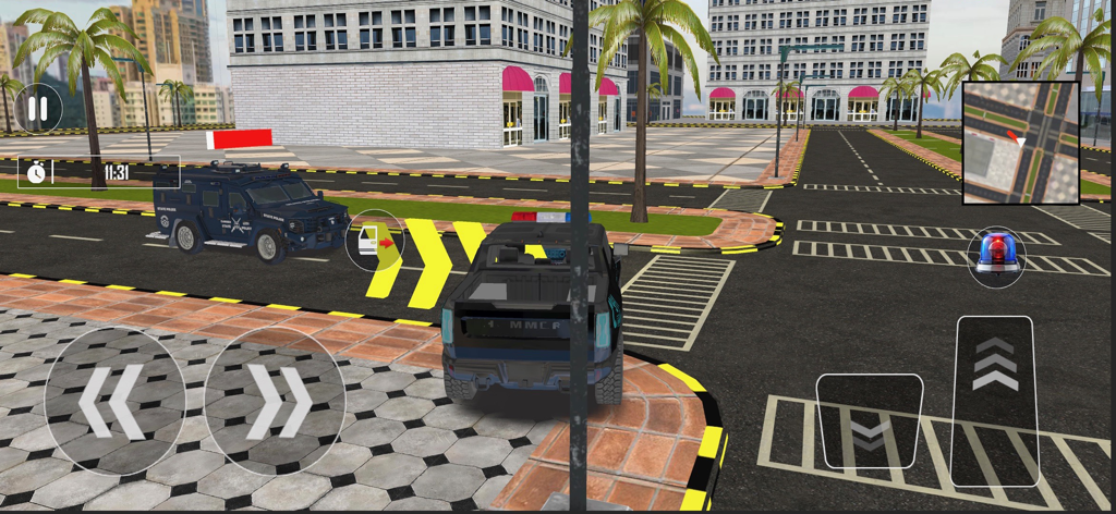 US Police Car Chase Driving 3D - Gameplay of US Police Car Chase Driving 3D showing a police truck and an armored vehicle on a city street.