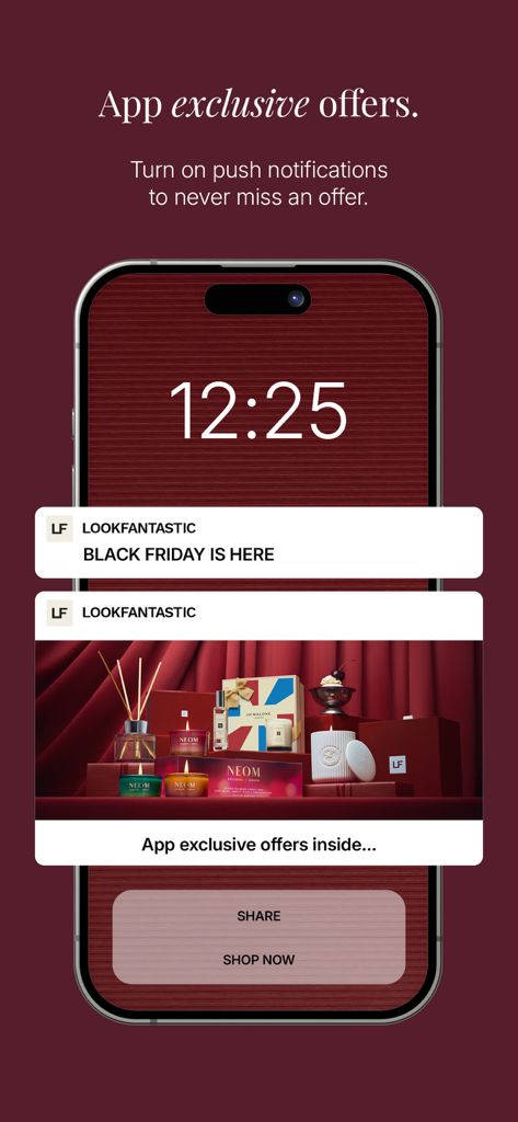 スマートフォン画面には、限定ブラックフライデービューティーディールに関するLOOKFANTASTICアプリの通知が表示されている