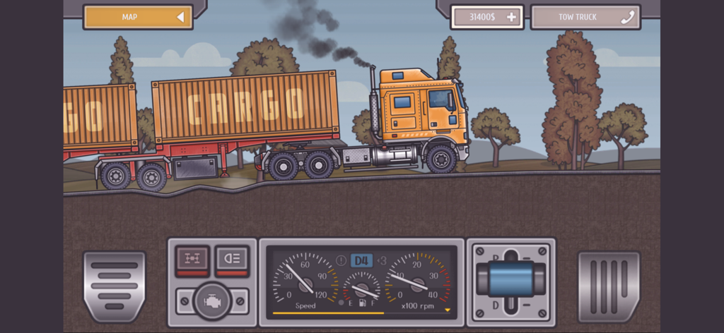 Trucker Ben - Truck Simulator - Una pantalla de juego de simulador de camiones en 2D que muestra un camión amarillo transportando contenedores de carga naranjas sobre terreno montañoso con un tablero detallado.