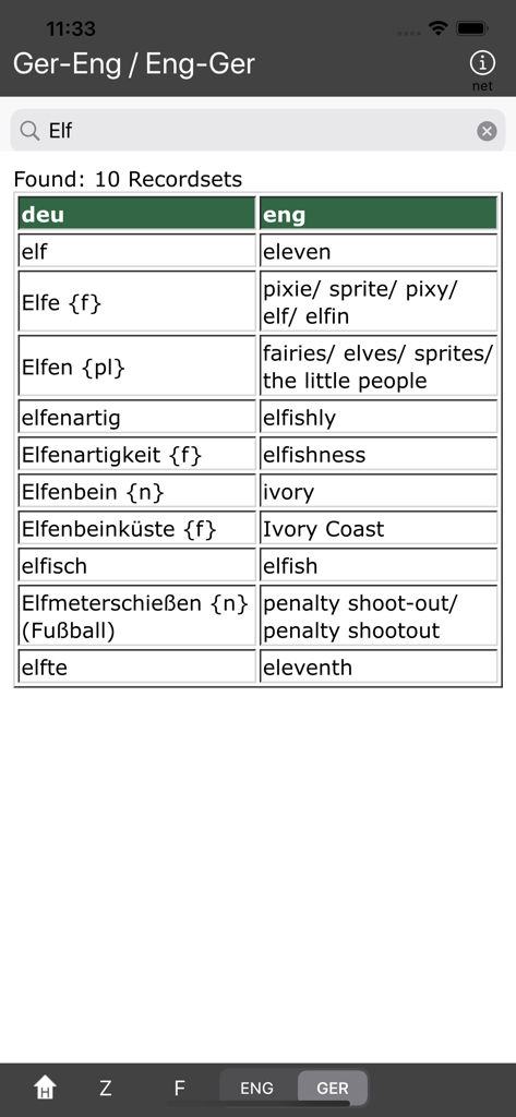 Ger/Eng - Eng/Ger - Search results for the word Elf in the German-English offline dictionary app