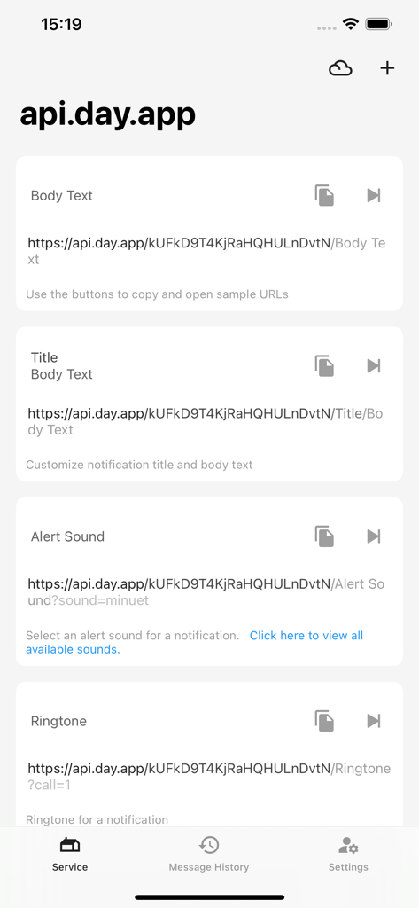 Bark - Custom Notifications - Bark app screen displaying sample HTTP API URLs for sending custom push notifications with specific parameters like body text and alert sounds.