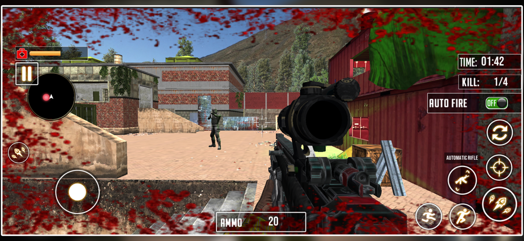 First person shooter view of a soldier aiming a scoped rifle at an enemy in an urban combat zone