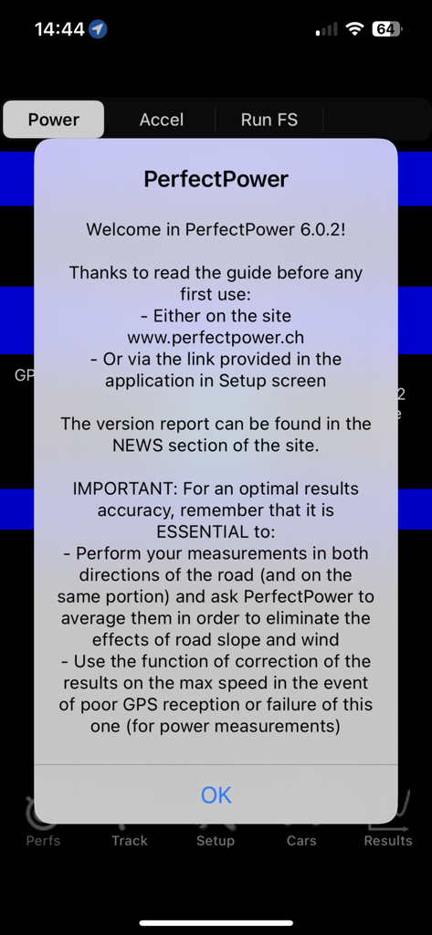 Welcome screen for PerfectPower app with measurement accuracy instructions