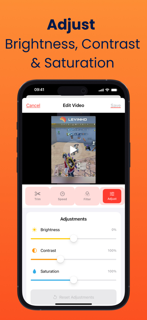 Screen Recorder: Record Video - Mobile screen showing video editing adjustments for brightness contrast and saturation in the screen recorder app