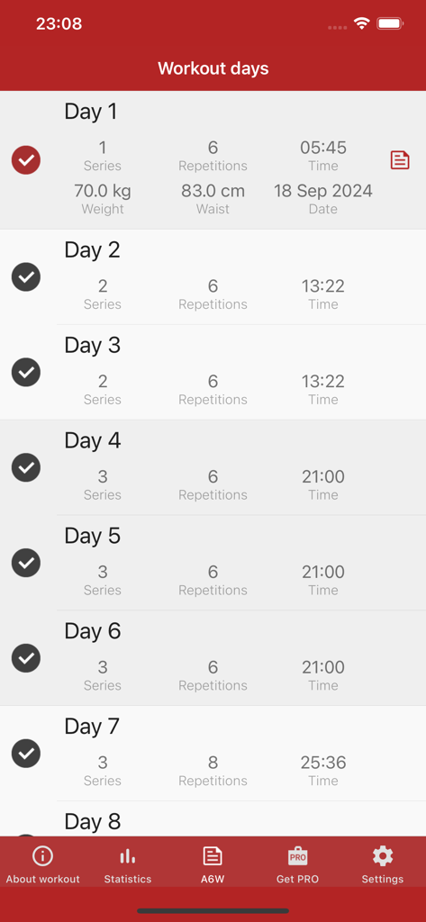 Daily workout schedule and progress tracker in the Caynax A6W abs workout app