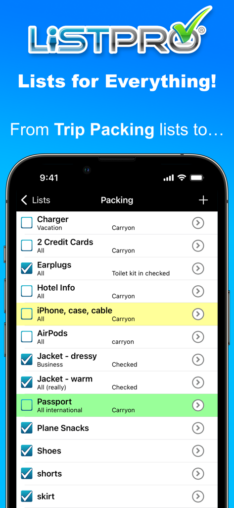 ListPro - Smartphone display showing the ListPro app with a detailed trip packing checklist