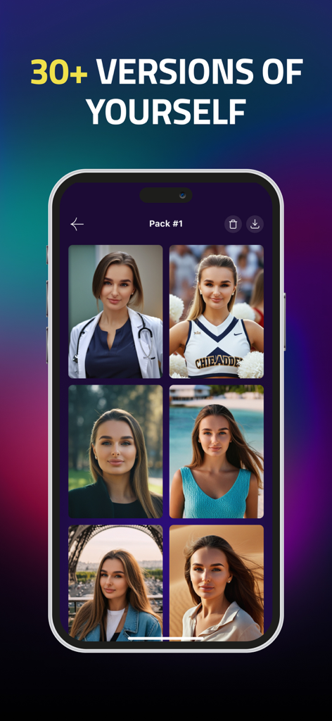 IMGIT - AI Images & Headshots - La pantalla de un smartphone que muestra la aplicación IMGIT con una cuadrícula de retratos generados por IA que muestran a una mujer en varios roles profesionales y de estilo de vida
