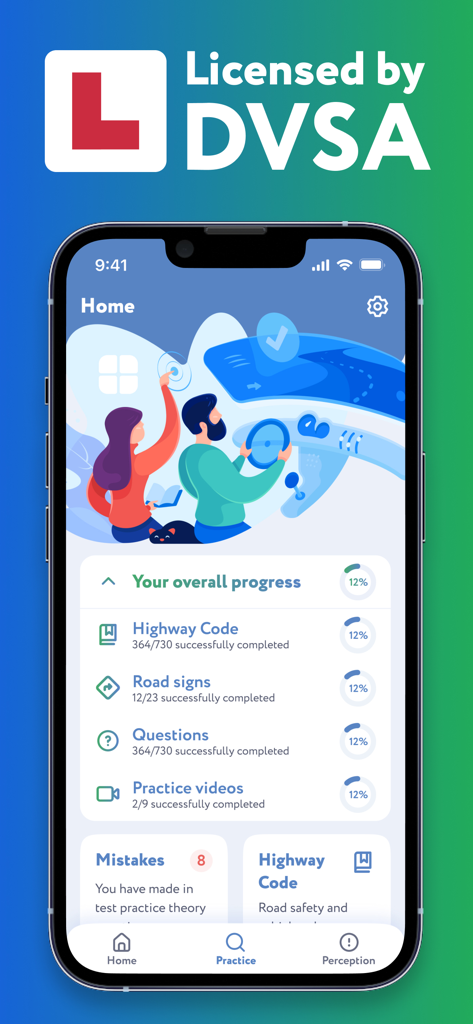 Driving Theory Test Kit – 2025 - Painel do aplicativo de teste de teoria de condução do Reino Unido mostrando progresso de estudo e informações de licenciamento da DVSA.