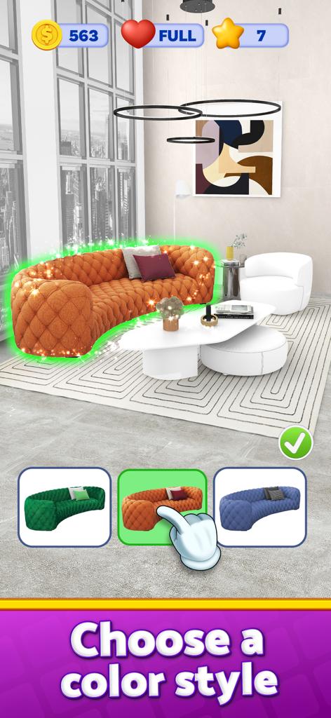 Dream Design:Travel & Decorate - A mobile game screen showing a living room where a user is choosing an orange sofa from several color options