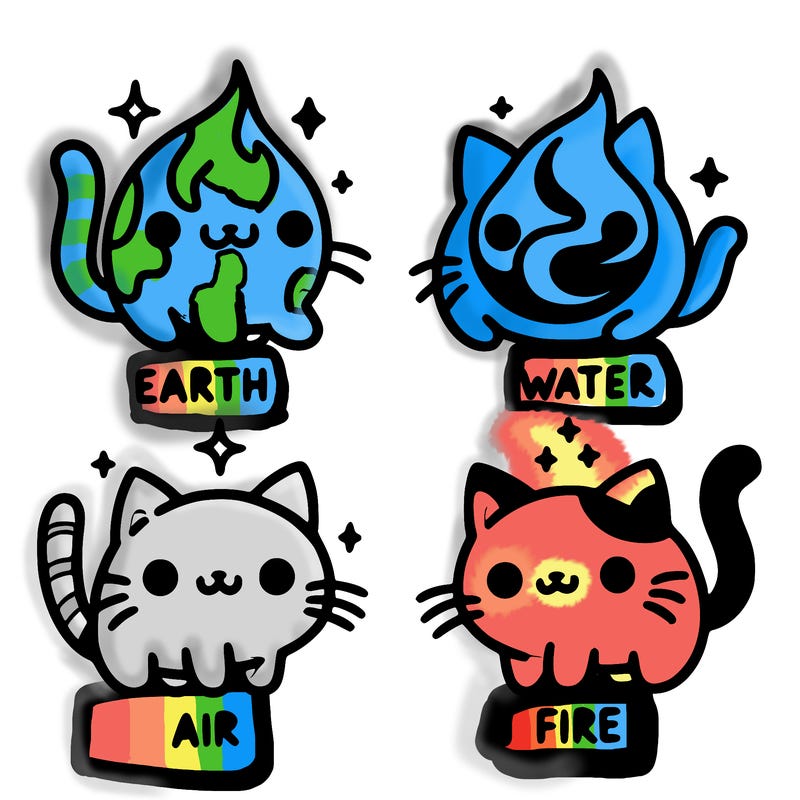 4 cats that represent the different elements, earth, water, air, and fire