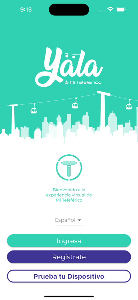 Yala Mi Teleférico - Welcome screen of the Yala Mi Teleferico mobile app with login and registration buttons.