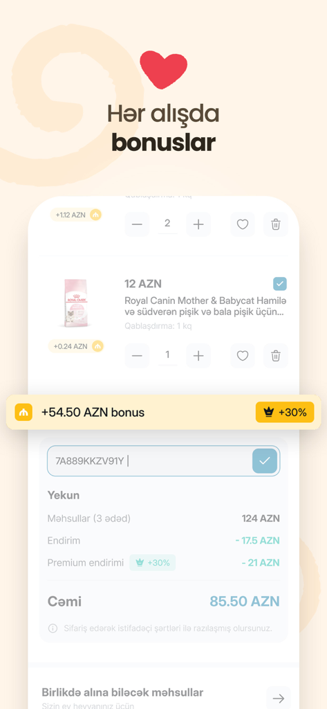 Biopet Shop - Online Zoomağaza - Interface de l'application mobile Biopet Shop montrant un panier d'achat avec des points de récompense de fidélité