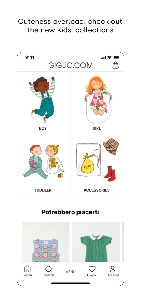 Interface do aplicativo móvel GIGLIO.COM exibindo categorias de moda infantil para meninos, meninas, bebês e acessórios.