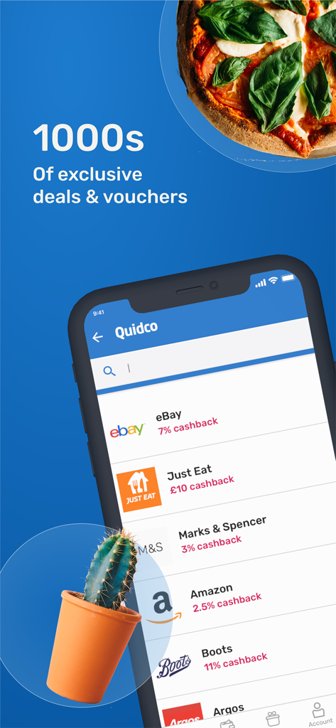 Quidco: Cashback and Vouchers - Uma tela de smartphone exibindo o aplicativo Quidco com ofertas de cashback para marcas populares como eBay, Just Eat e Amazon