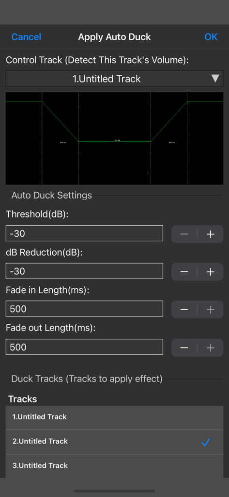 MixPad Master's Edition - Auto duck settings screen in MixPad Masters Edition mobile audio mixer