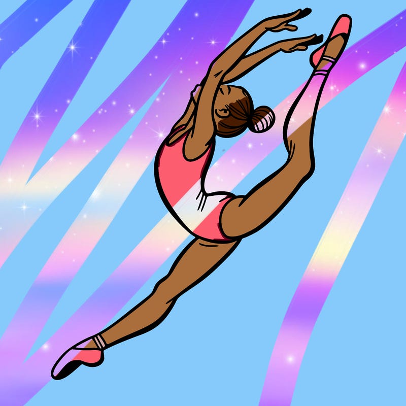 gymnast doing a leap in a leotard with a bent back leg