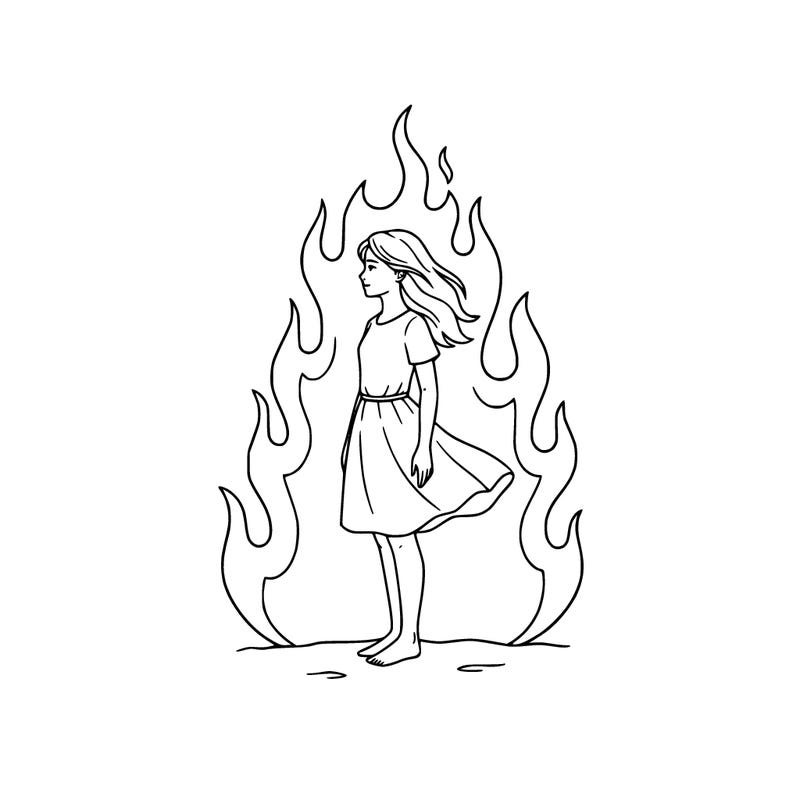 there is a fire but it's not so big but it's big but not too much and there is a girl standing in the middle