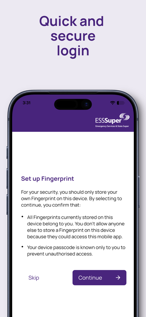 ESSSuper - ESSSuper app biometric login setup screen for secure fingerprint access.