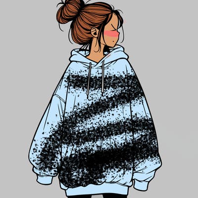 realistic girl with a oversized sweatshirt on and a bun