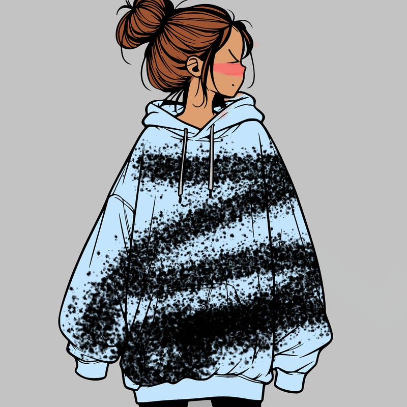 realistic girl with a oversized sweatshirt on and a bun