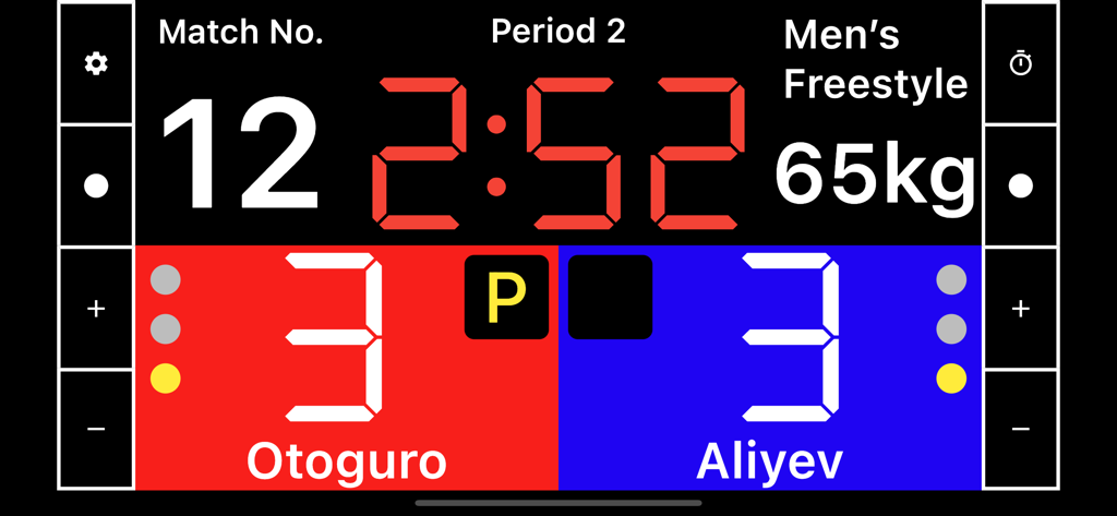 Wrestling Scoreboard - A digital wrestling scoreboard interface showing match time, period, and scores for two competitors