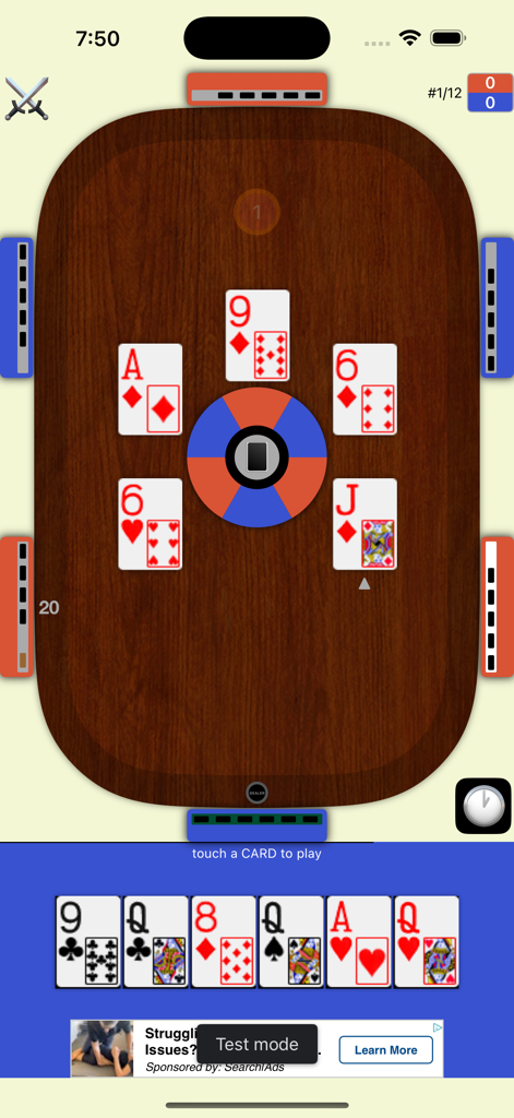 Super 28 - Digital table interface of the Super 28 trick-taking card game showing cards played and the player hand.