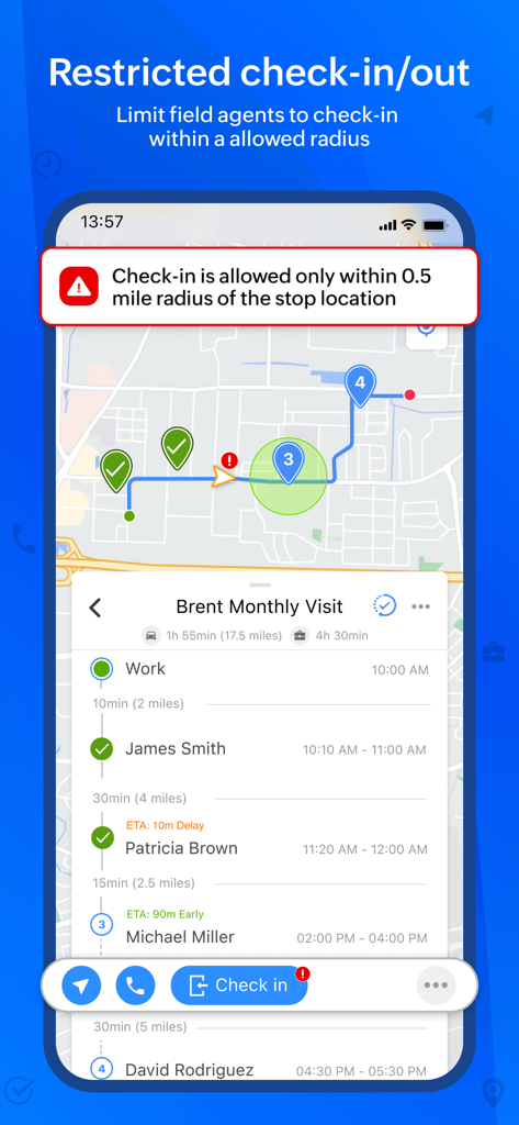地図上の場所の半径で制限されたチェックイン機能を示すRouteIQアプリインターフェイス、フィールドセールス訪問用