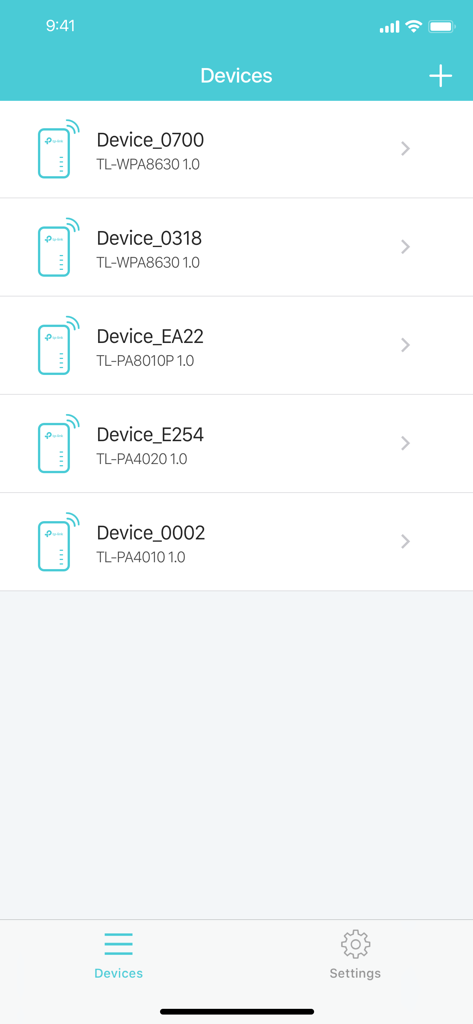 tpPLC - A list of connected TP-Link powerline devices on the tpPLC app interface