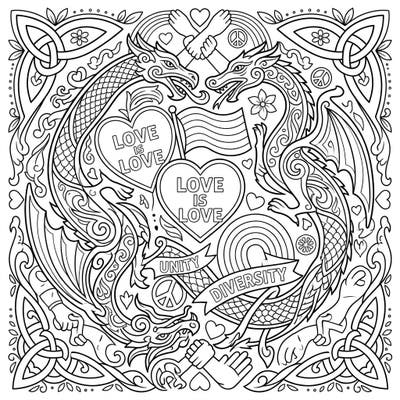 Dive into a vibrant celebration of love and diversity with this unique coloring page featuring majestic Celtic dragons intertwined with symbols of Pride Month. This intricate design invites you to express your creativity while honoring themes of unity and acceptance.