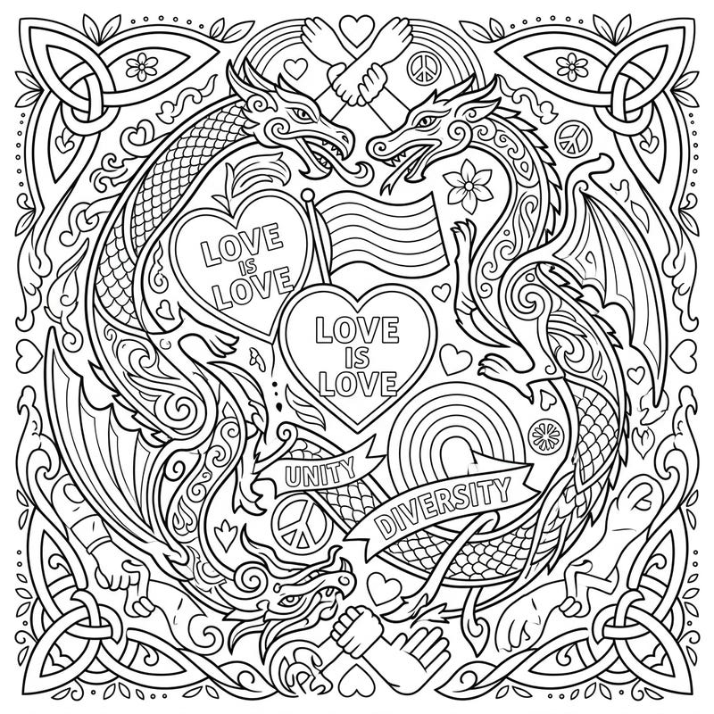 Dive into a vibrant celebration of love and diversity with this unique coloring page featuring majestic Celtic dragons intertwined with symbols of Pride Month. This intricate design invites you to express your creativity while honoring themes of unity and acceptance.