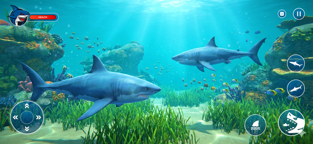 Angry Megalodon Shark Attack - A 3D simulation of a megalodon shark swimming in a coral reef with underwater game controls and health bar