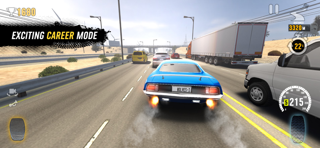 A blue classic muscle car driving on a highway through traffic in career mode.