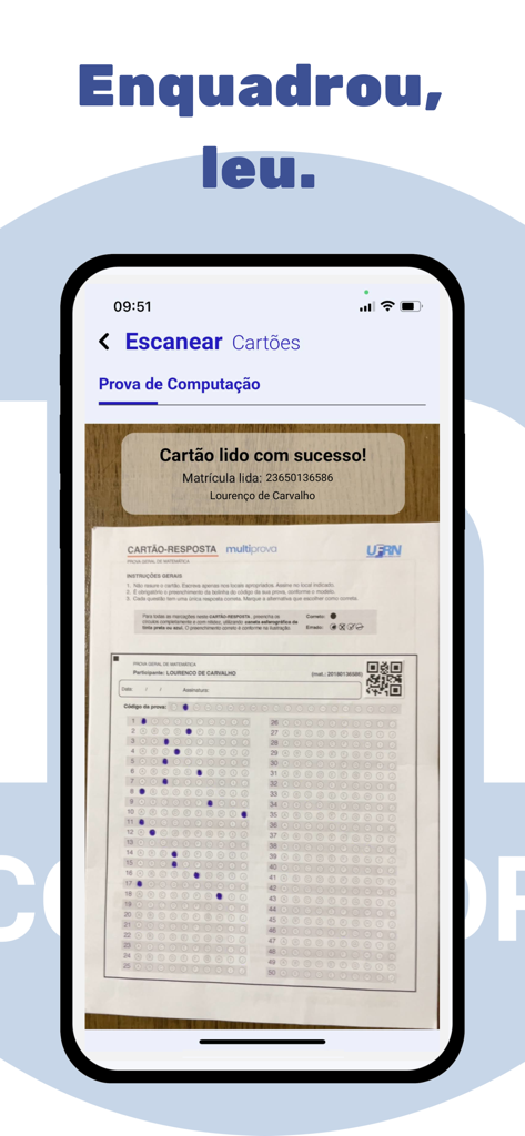 Multiprova Corretor - A smartphone scanning a student answer sheet using the Multiprova Corretor app