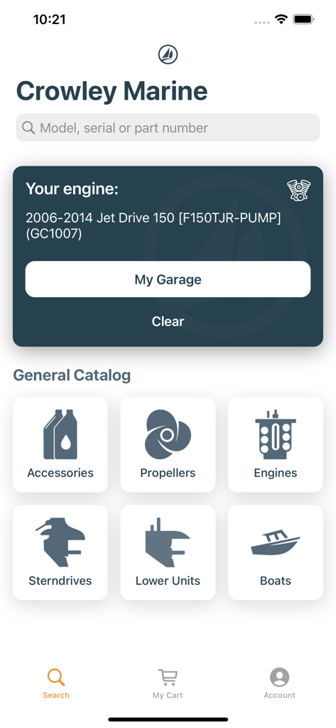 Crowley Marine - Crowley Marine app home screen showing parts search and general catalog categories