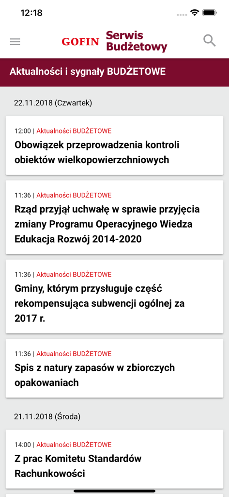 Interface of the GOFIN Serwis Budzetowy mobile app displaying a list of budget news and accounting updates.